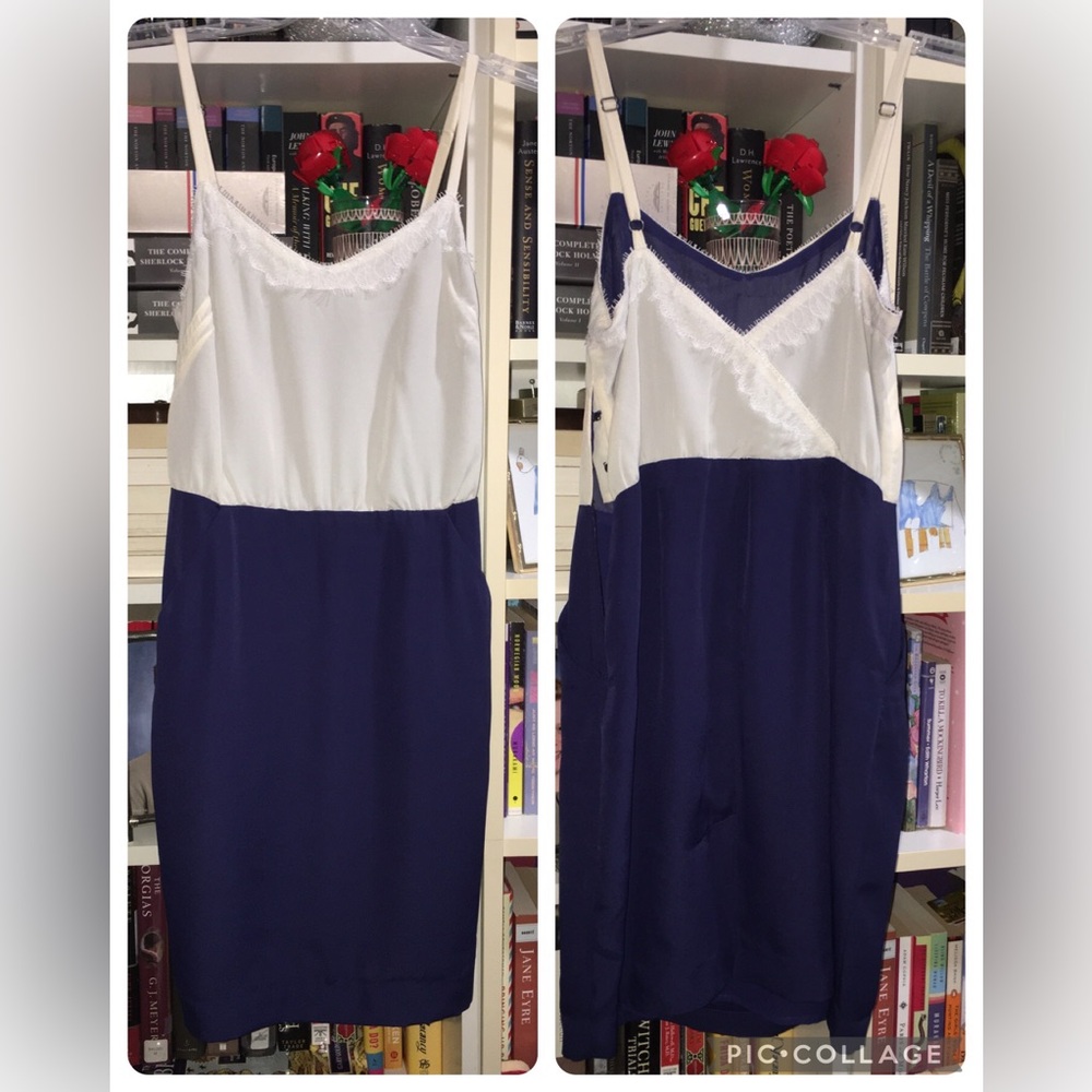 BCBGeneration Navy Blue Cream Lace Slip Dress